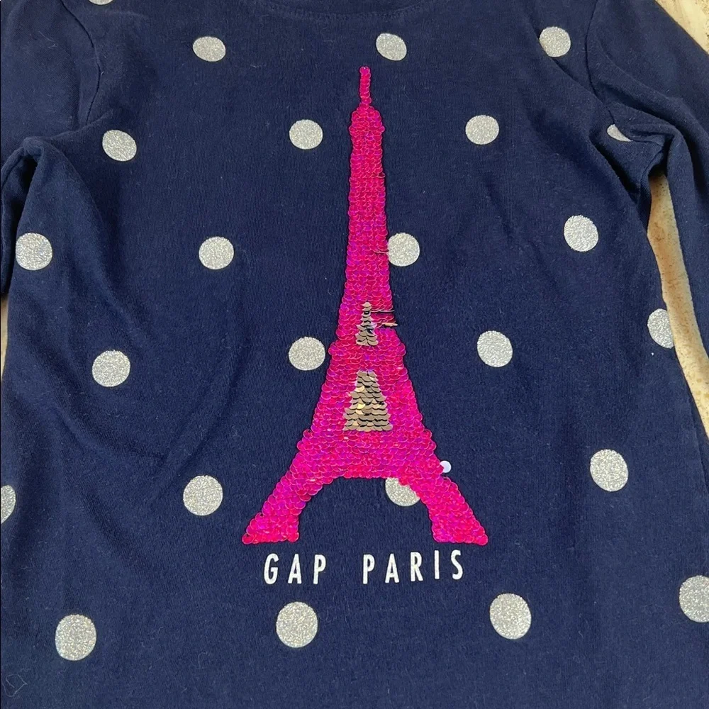 GAP KIDS PARIS Eiffel Tower - navy, silver polka dots, sequin shirt girls medium